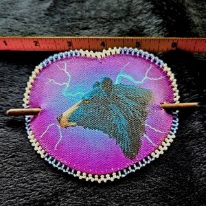 Handmade Purple & White Beaded Black Bear Hair Ornament with Purple Background